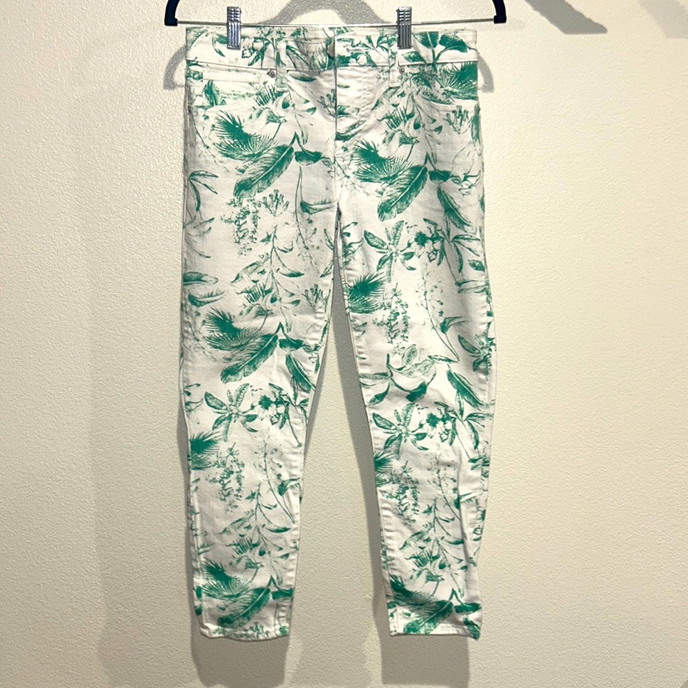 White/ Green Floral Demin Cropped Jeans, Lolita